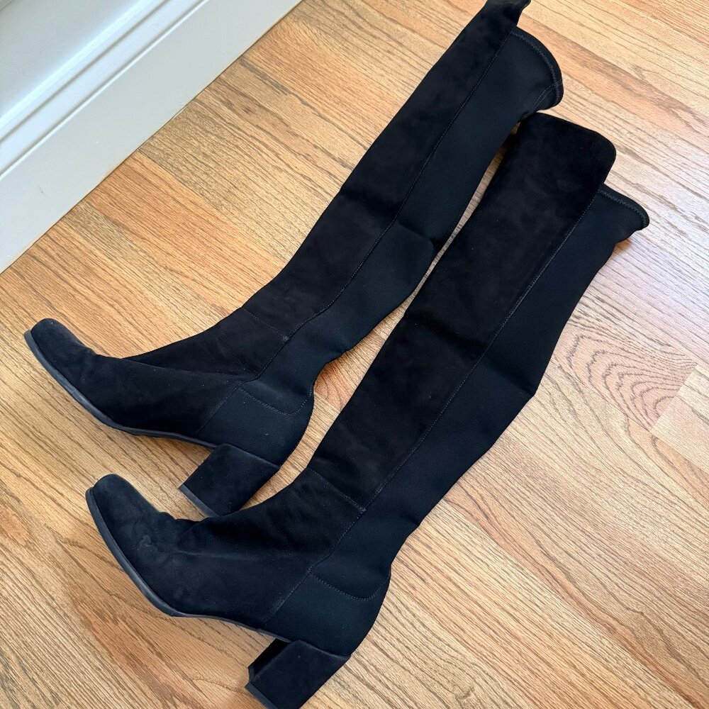 Stuart Weitzman Women 5050 Block Black Suede Boots Over The Knee Size 7.5M